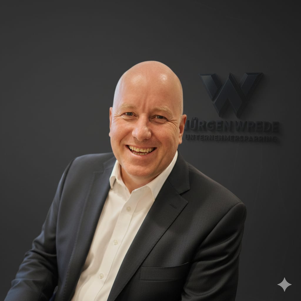 Freundliches Portrait von Jürgen Wrede vor einer schwarzen Wand mit dem Logo Jürgen Wrede Unternehmersparring