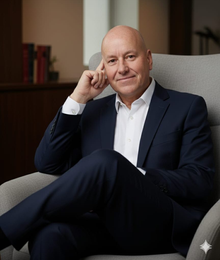 Jürgen Wrede sitzt auf einem Sessel und hat die Beine verschränkt. Jürgen Wrede Sparring steht für Klarheit finden und Ursachen lösen