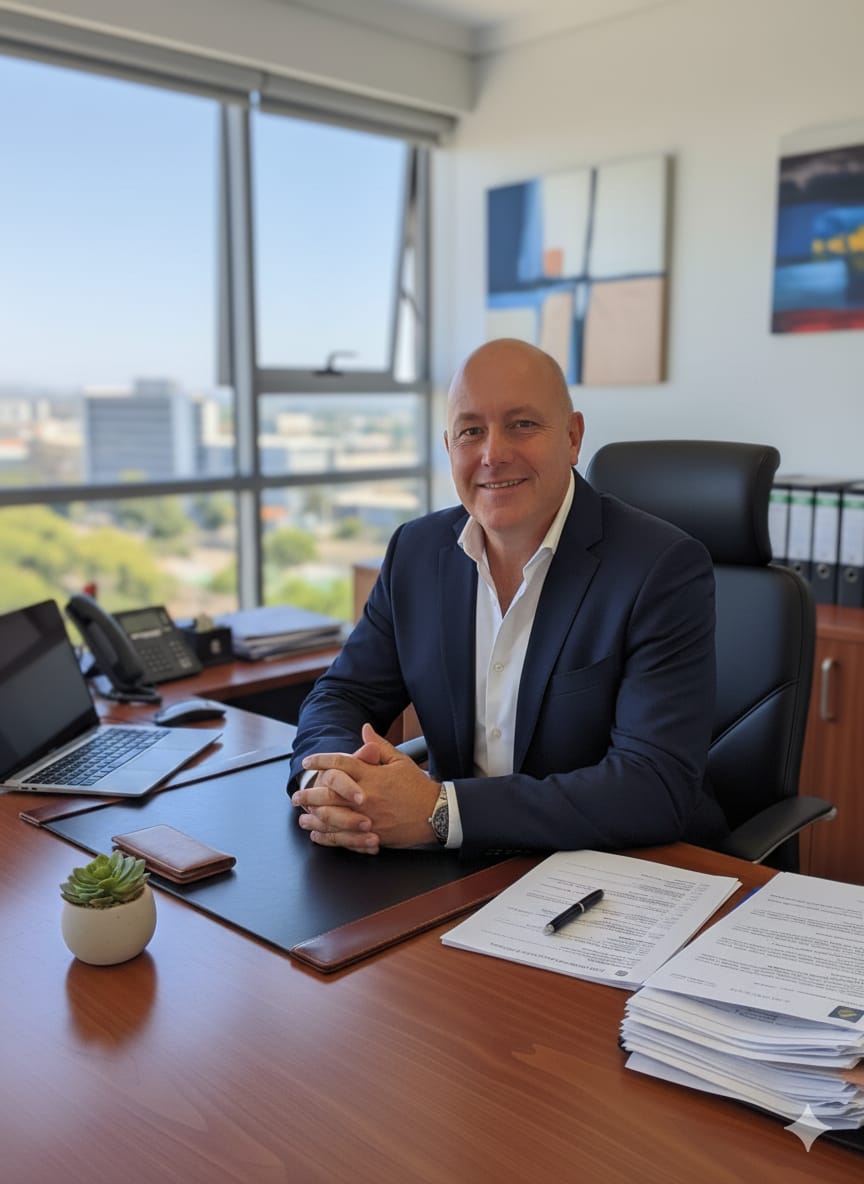 Freundliche Blick in die Kamera mit zusammengefaltenden Händen von Jürgen Wrede Sparring. Er sitzt im Büro vor einer freundlichen Aussicht aus einem großen Fenster mit gutem Wetter.