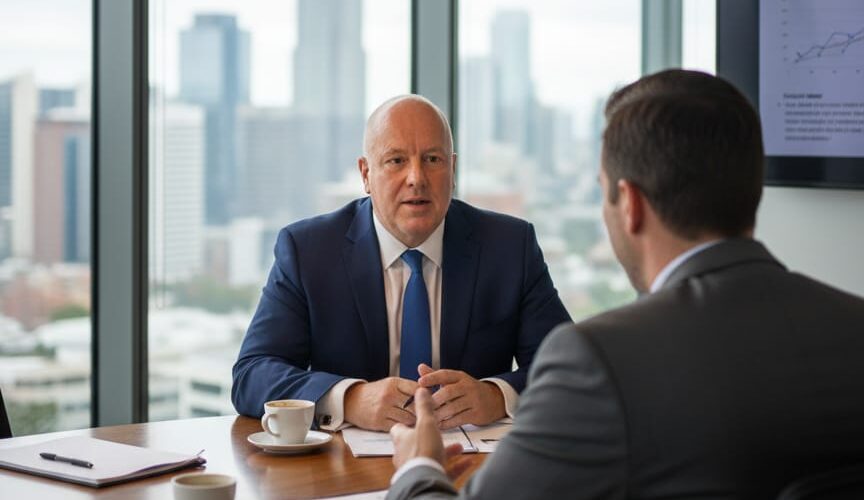 Freundliche Blick in die Kamera mit zusammengefaltenden Händen von Jürgen Wrede Sparring. Er sitzt im Büro vor einer freundlichen Aussicht aus einem großen Fenster mit gutem Wetter.